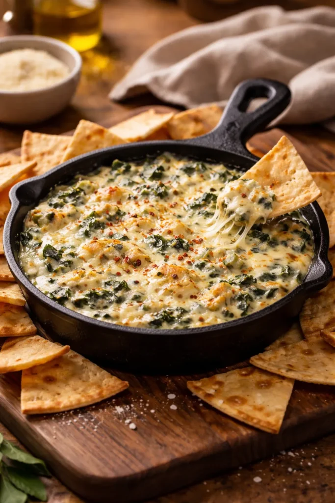 Bubbling spinach artichoke dip in cast iron skillet with pita chips