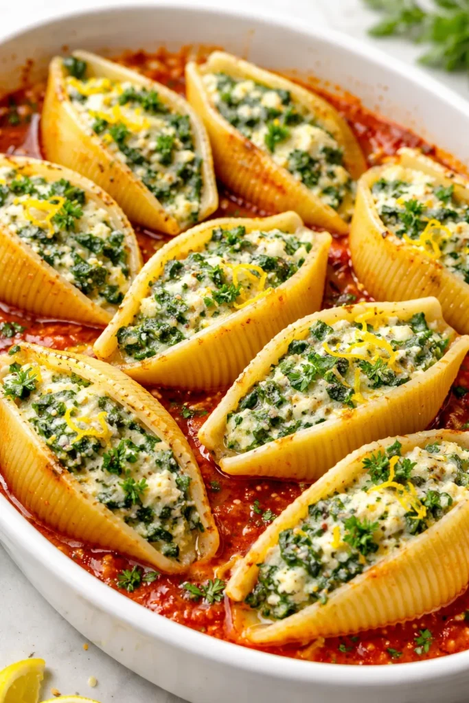 Spinach and ricotta stuffed shells with lemon zest on plate