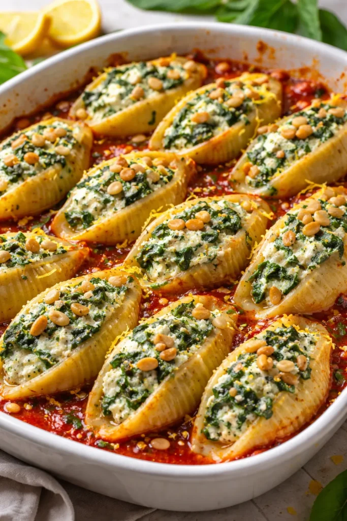 No-meat spinach ricotta stuffed shells with pine nuts