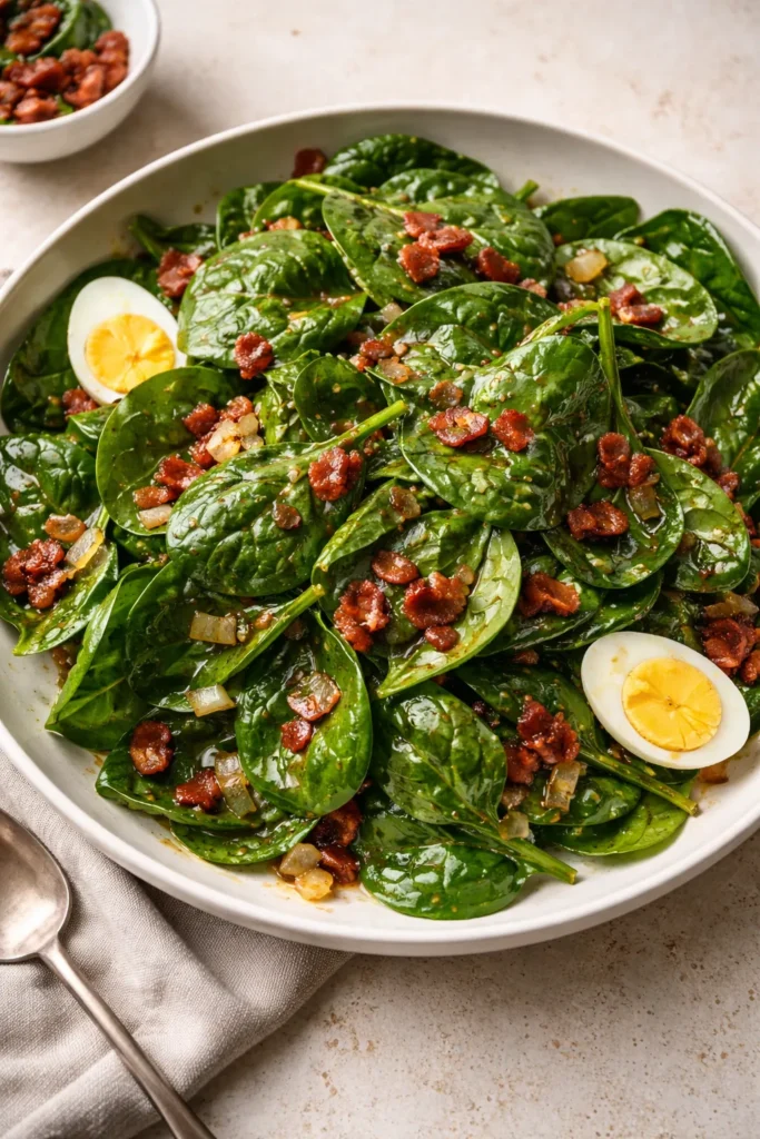 Spinach salad with warm bacon dressing and bacon bits