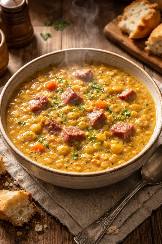 Thick Quebec split pea soup with ham in a rustic bowl
