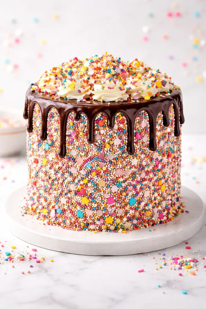 Cake with chocolate drips heavily covered in colorful sprinkles