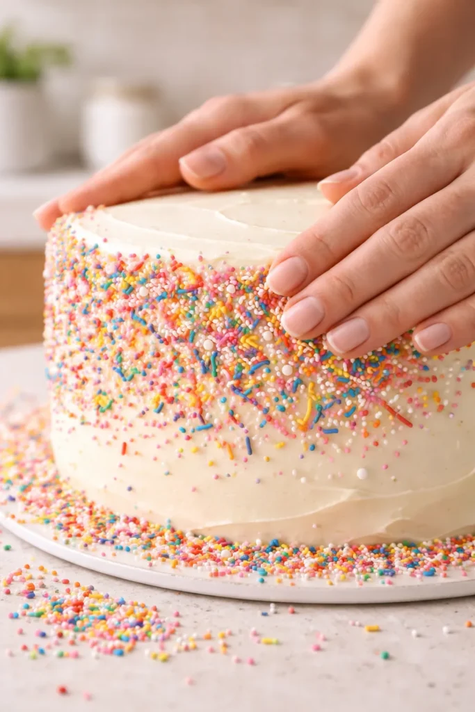 Hands pressing sprinkles into frosting on a cake for even coverage.