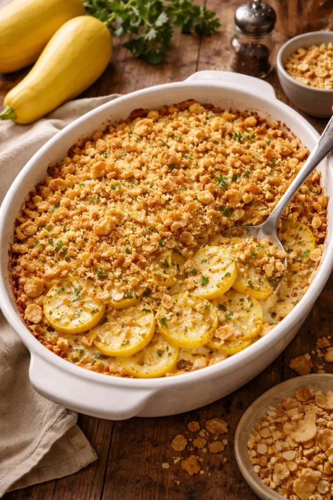 Yellow squash casserole with cracker topping in a baking dish