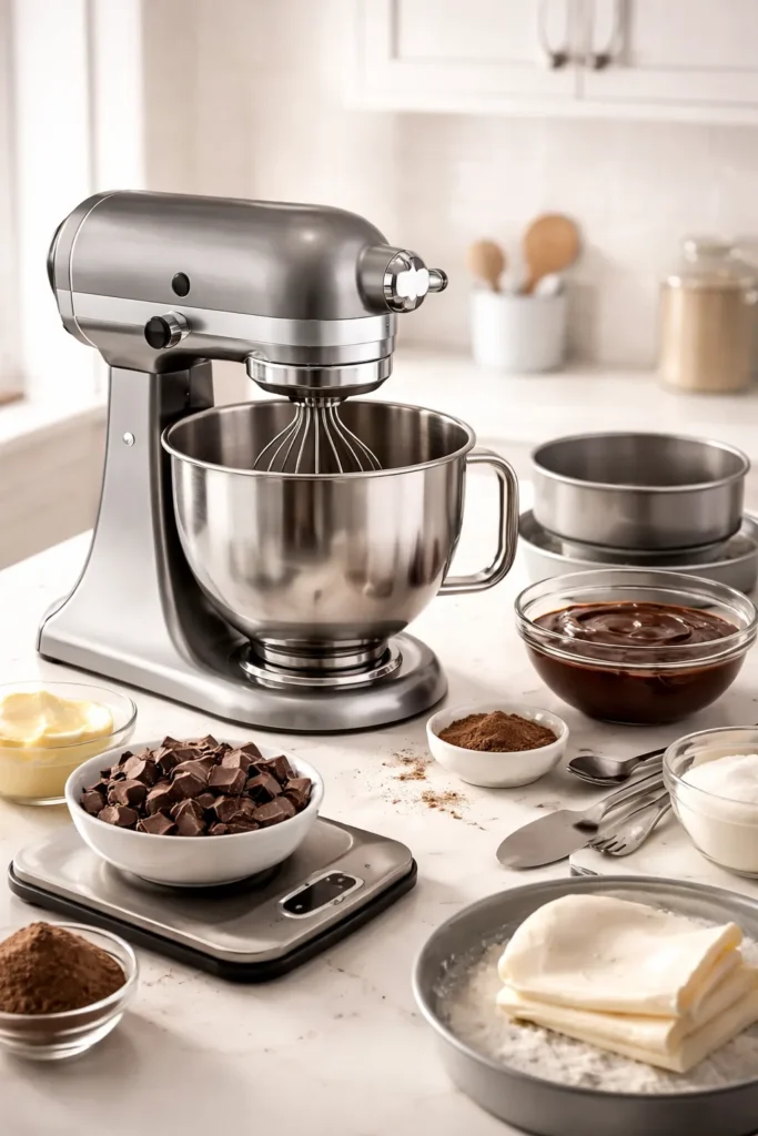 Stand mixer with stainless steel bowl on a clean counter