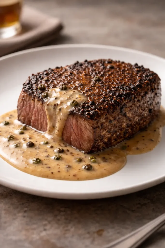 Pepper-crusted steak with brandy-cream sauce on a plate.