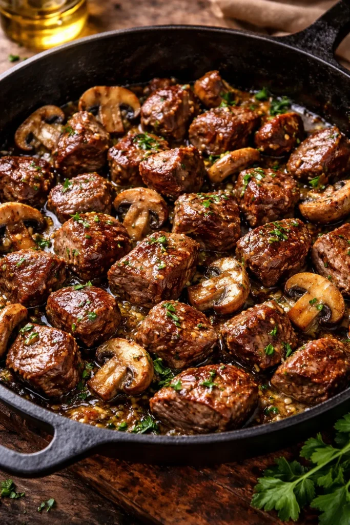 Close-up of garlic butter steak bites with roasted mushrooms in a cast-iron skillet