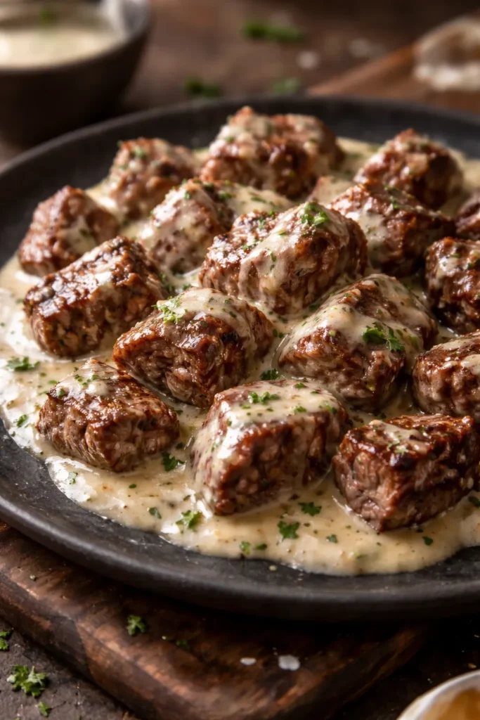 Close-up of steak bites with creamy Parmesan sauce on a dark plate
