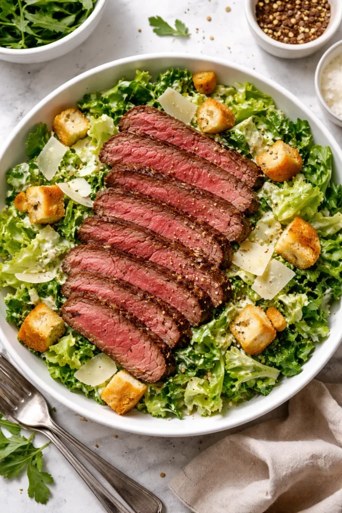 Steak on a Caesar salad with romaine, parmesan, and croutons