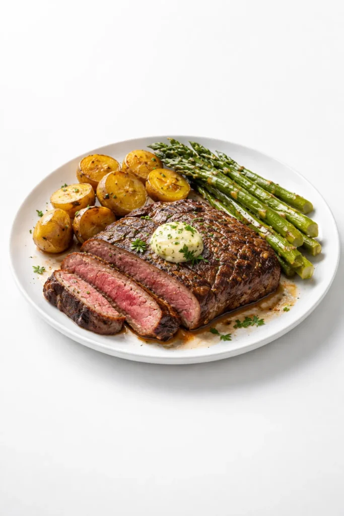 Minimalist steak dinner on a clean background