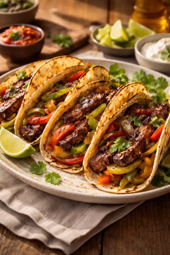 Chipotle steak fajitas with peppers and onions on a plate