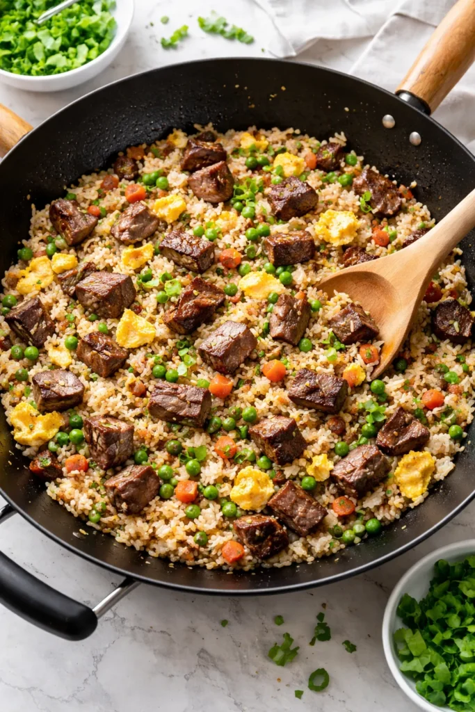 Steak fried rice with diced steak and eggs in a wok