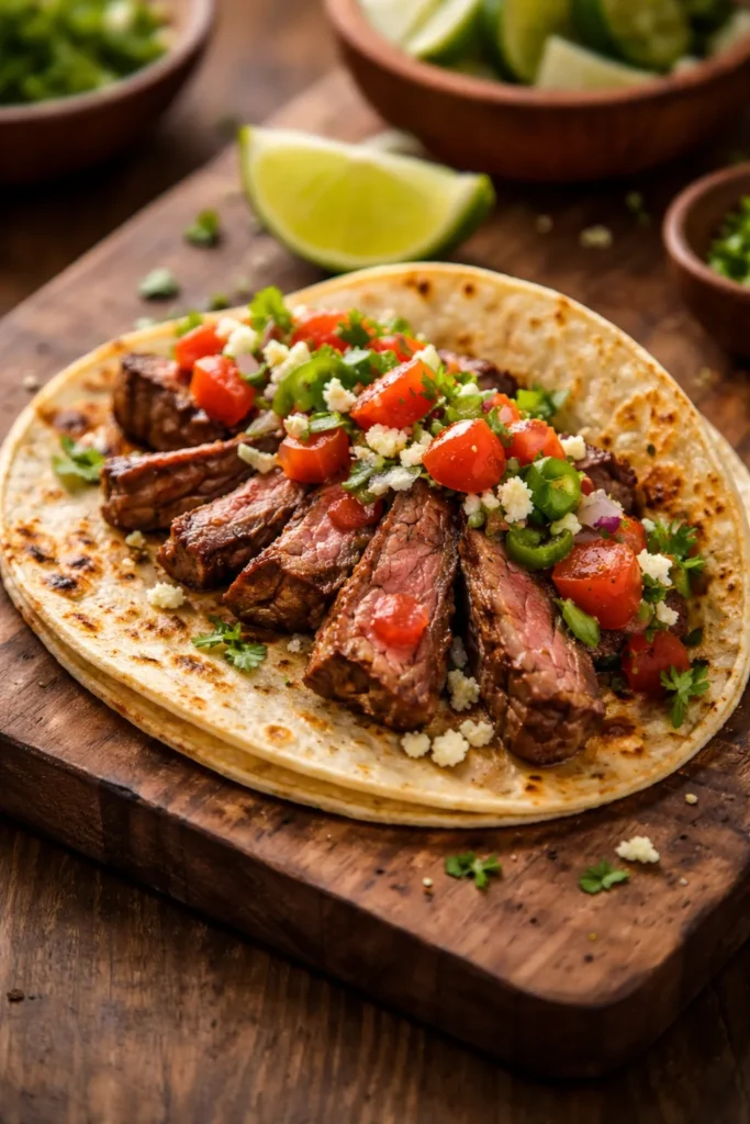Close-up of a single steak taco with sliced steak in a warm tortilla on a wooden board
