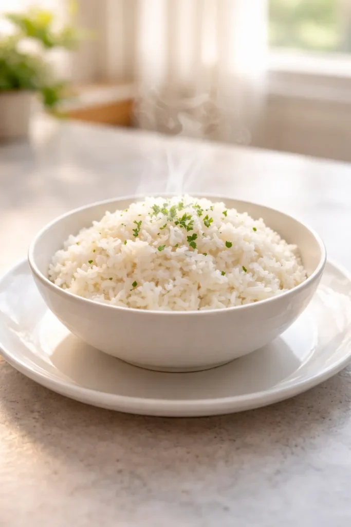 Steamed white rice served as a simple side dish for crockpot chicken dinners