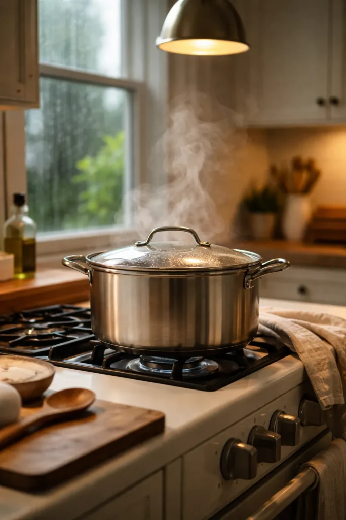 Steaming pot on stove in a warm kitchen
