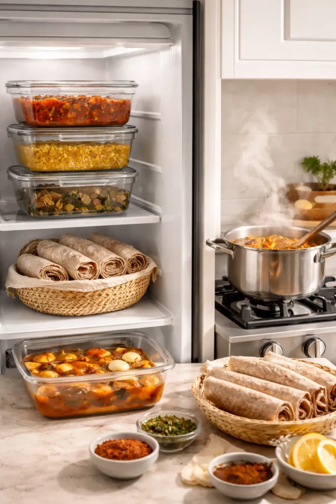 Kitchen scene with glass stews containers and steaming pot for storing and reheating