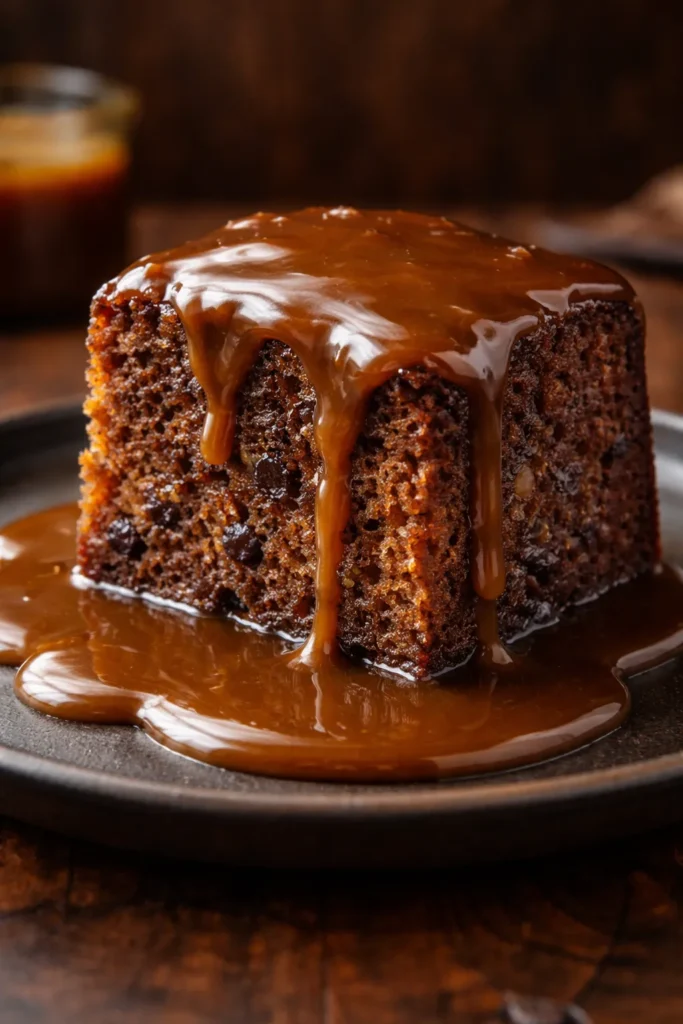 Slice of sticky toffee pudding with glossy toffee sauce