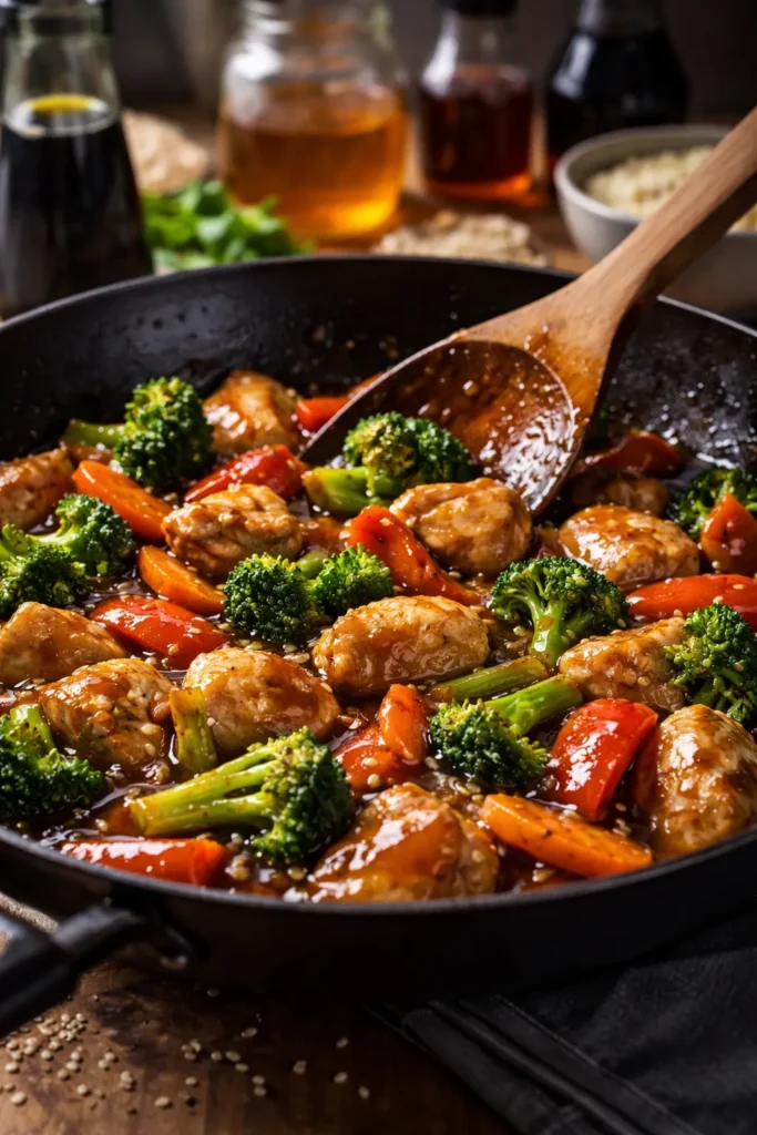 Glossy stir fry sauce coating chicken and vegetables in a pan