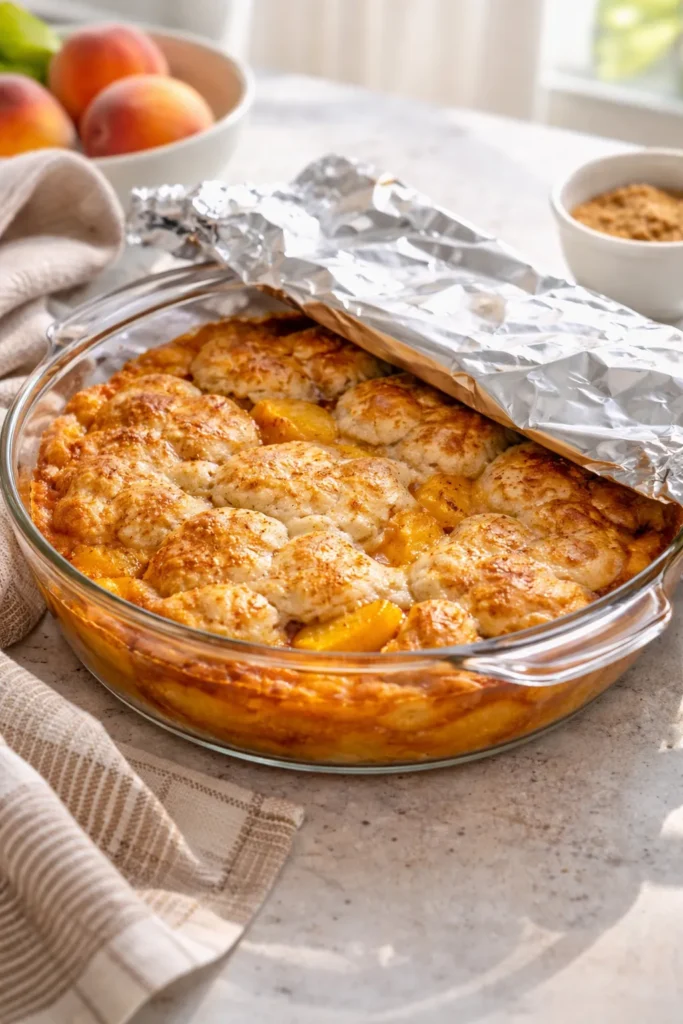 A peach cobbler in a foil-covered baking dish on a kitchen counter