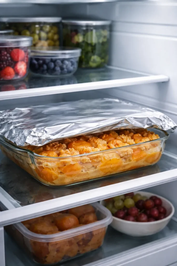 Cobbler stored in foil-covered dish in the fridge