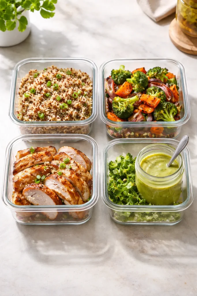 Four clear containers with separated grain bowl components on a clean surface.