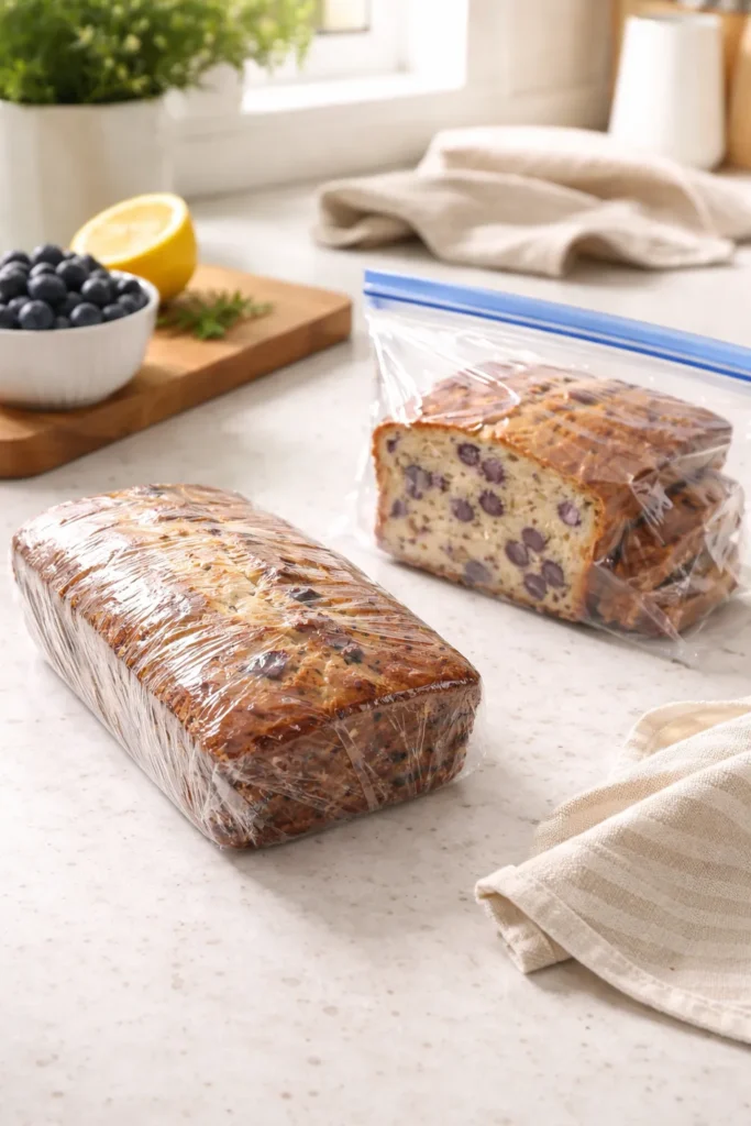 Loaf wrapped in plastic with a freezer bag nearby on counter