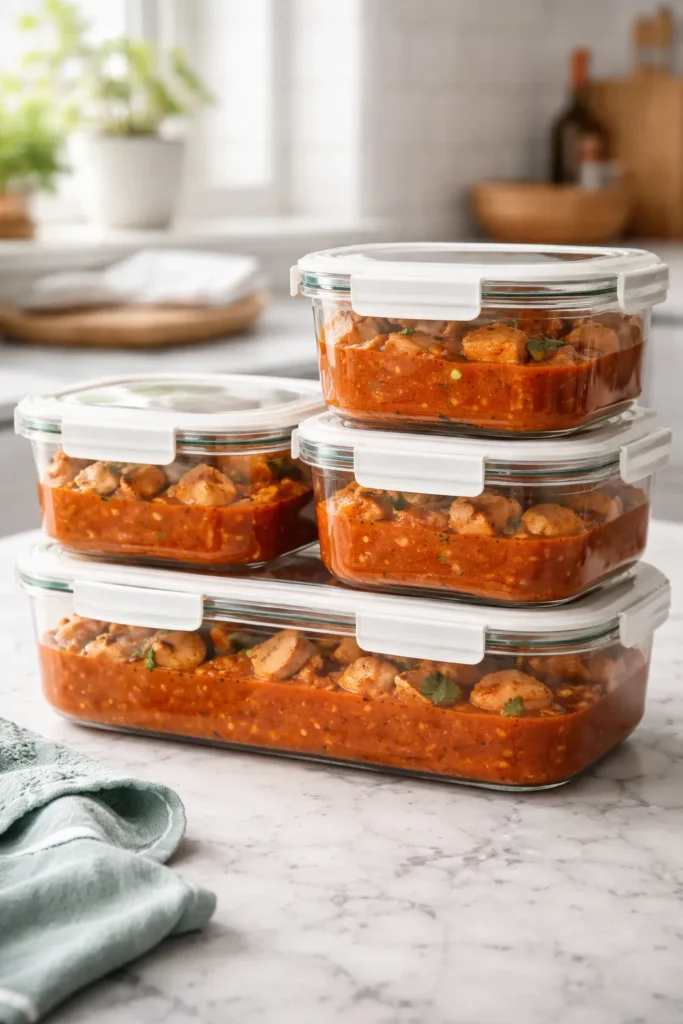 Glass containers with curry sauce and chicken, arranged for storage and make-ahead prep