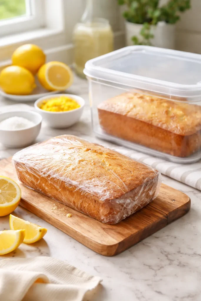 Unfrosted lemon cake wrapped for storage showing make-ahead prep