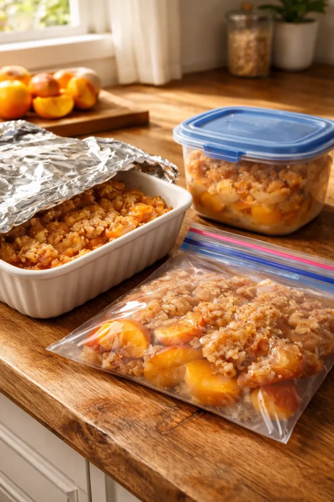 Foil-covered cobbler dish with airtight container and freezer bag on wooden counter