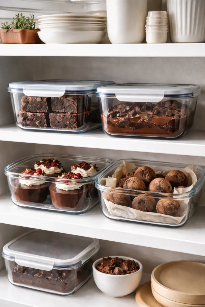 Glass storage containers with chocolate desserts on a kitchen shelf