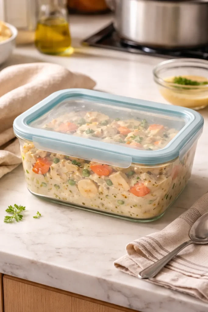 Glass storage container with creamy stew in a kitchen setting