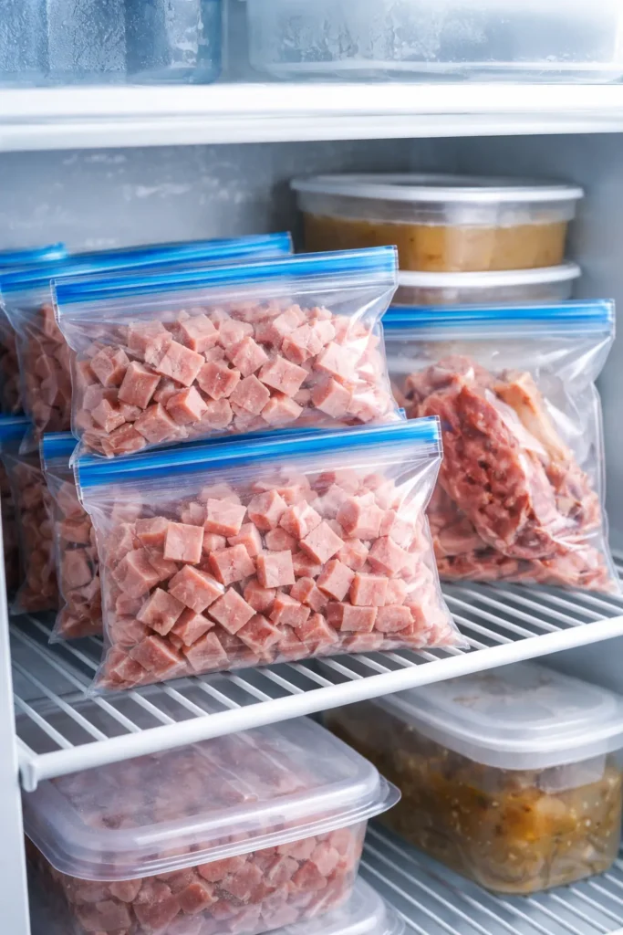 Freezer bags with diced ham stored for future use