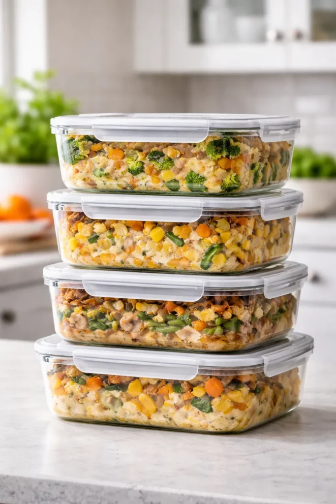 Stack of airtight glass containers for storing veggie casseroles.