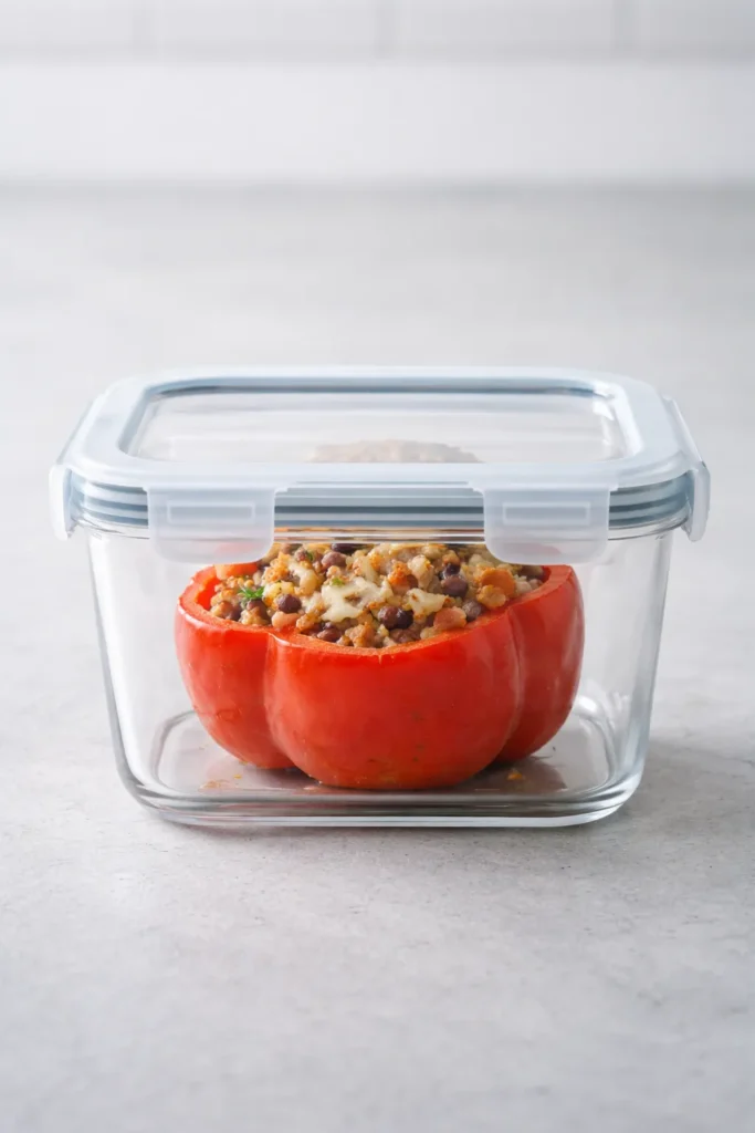 Pepper stored in clear airtight container for later reheating