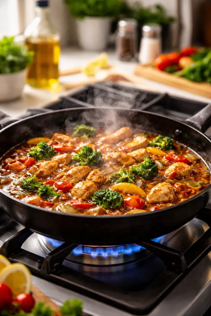 Close-up of a skillet simmering on a stove with steam in a bright kitchen