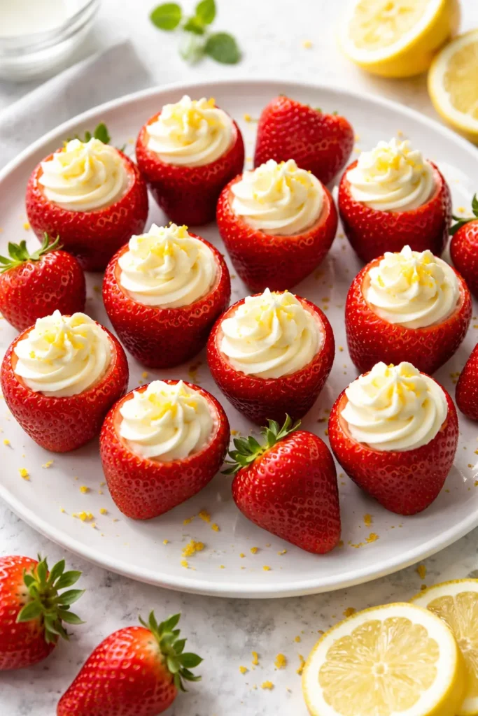 Strawberries stuffed with cheesecake filling on a plate