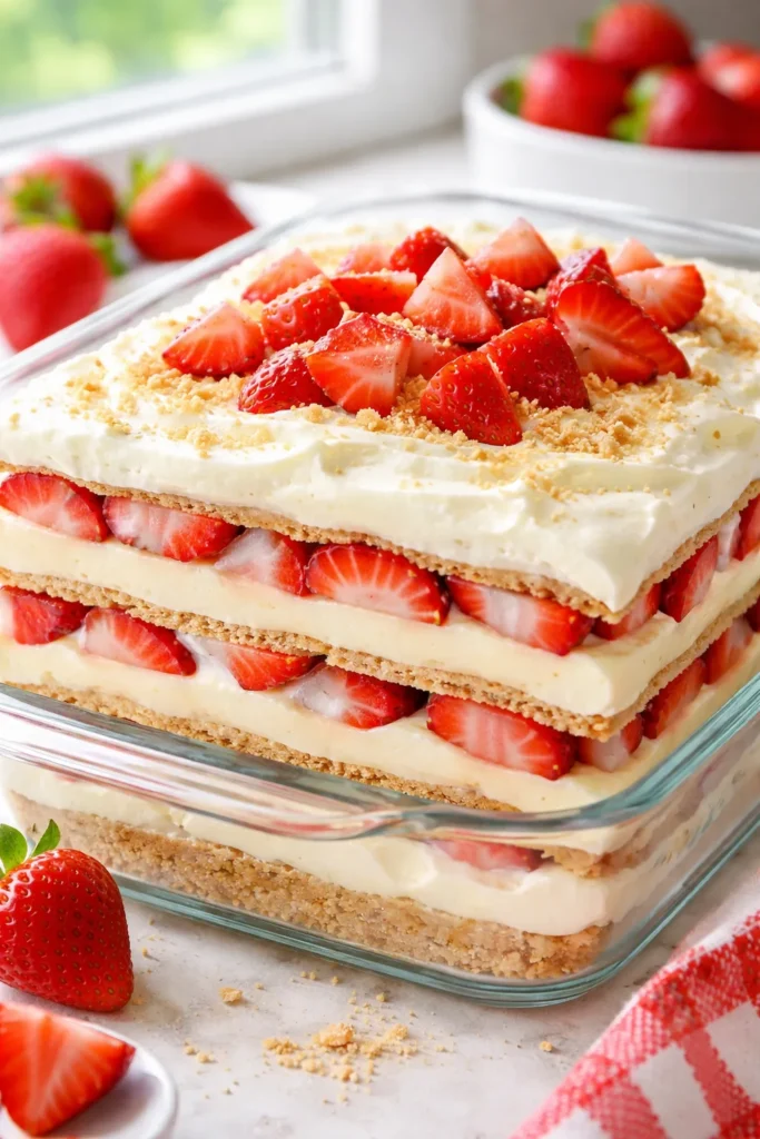 Strawberry cheesecake icebox cake with strawberry layers in glass pan