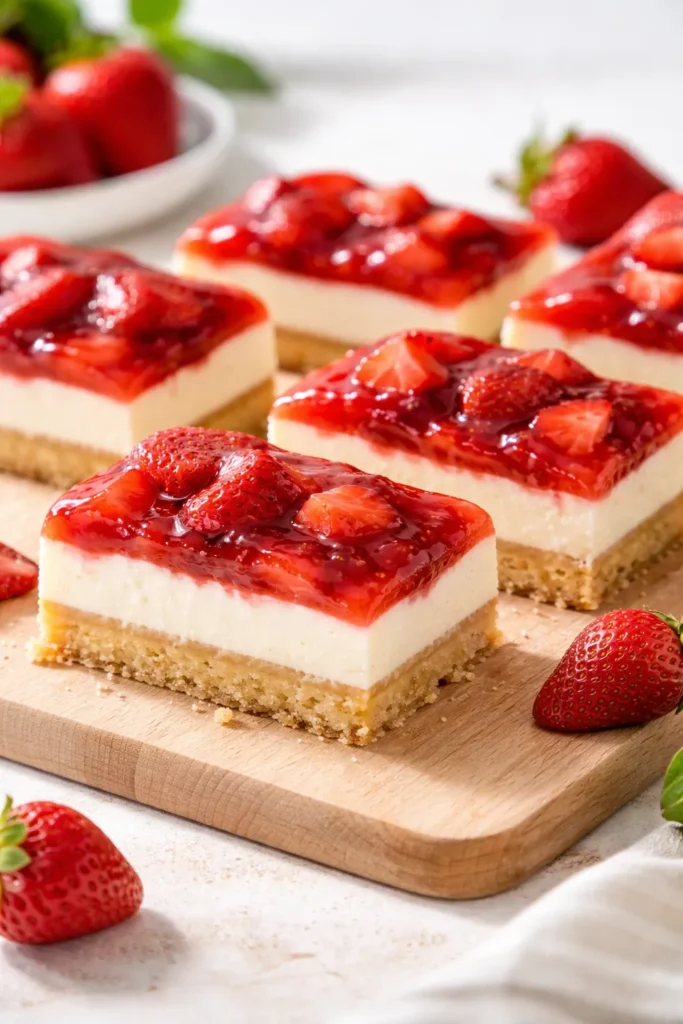 Strawberry cream cheese bars on a wooden board with strawberry topping