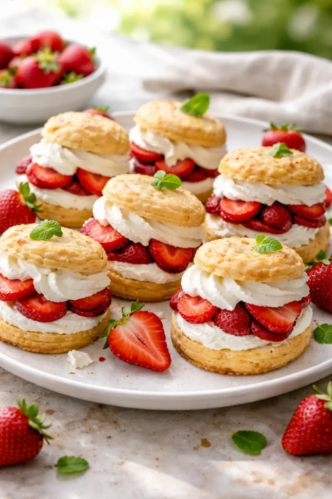 Strawberry shortcake minis with strawberries and whipped cream
