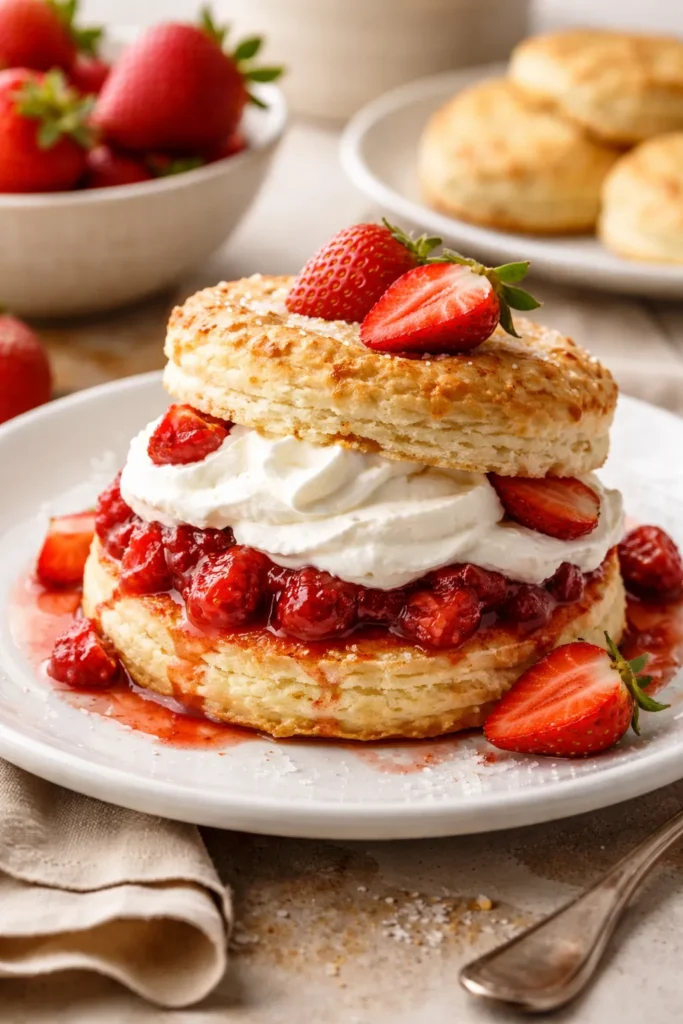 Biscuits with strawberries and whipped cream on a plate.