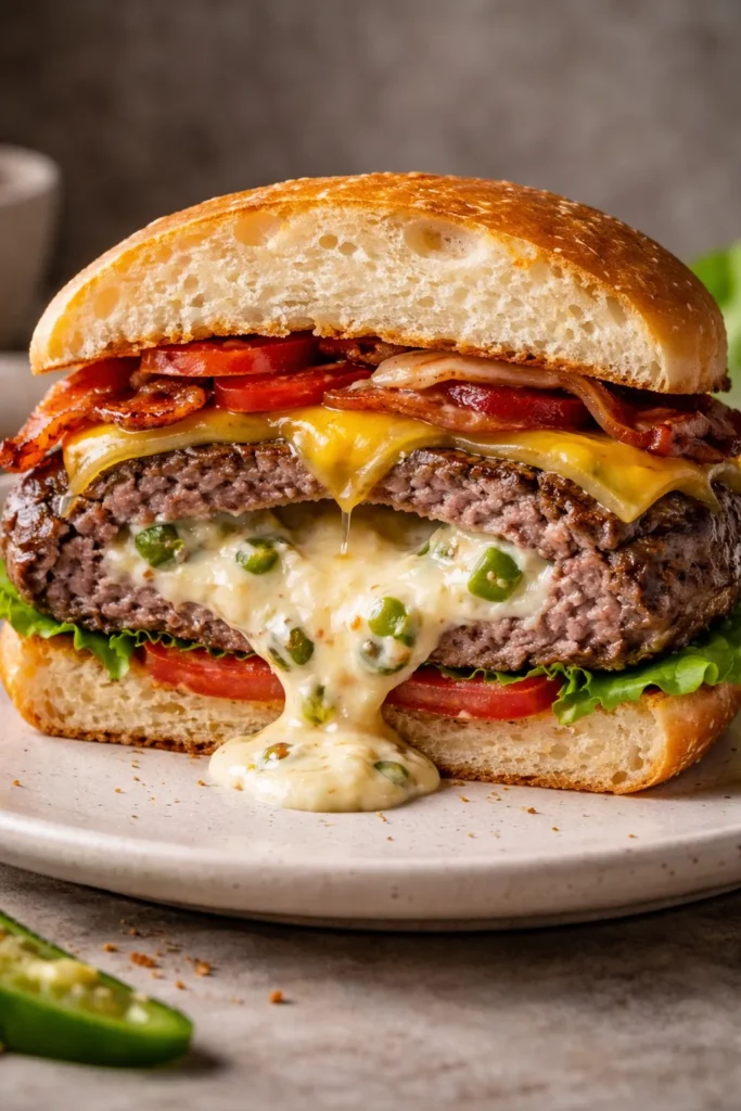 Cross-section of stuffed burger with molten cheese core and jalapeños