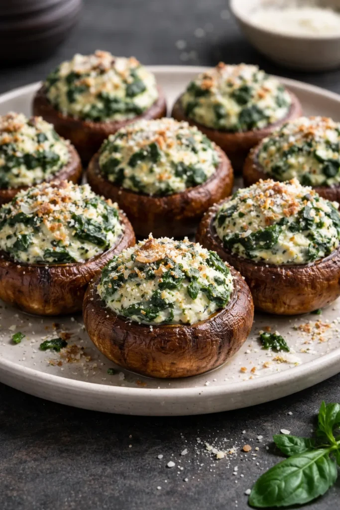 Stuffed mushrooms with spinach ricotta on a dark plate