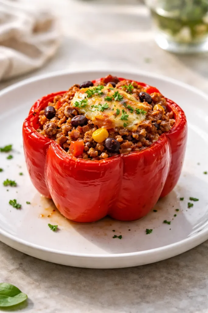 Close-up of a single stuffed bell pepper on a plate, showing the filling