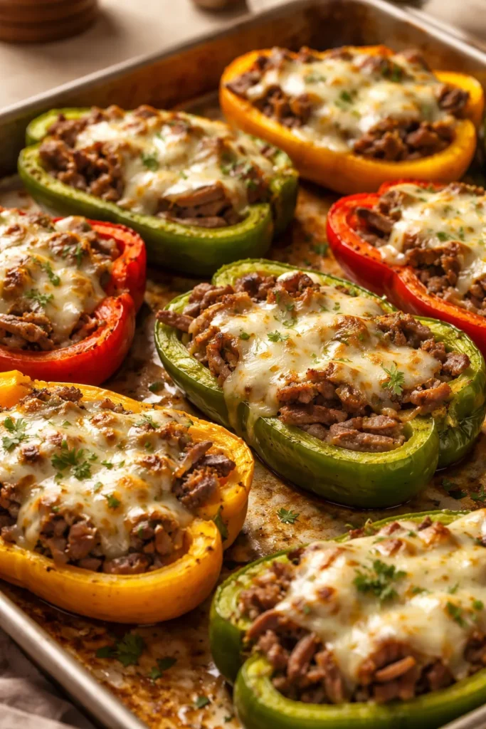 Stuffed bell pepper half with beef and melted cheese