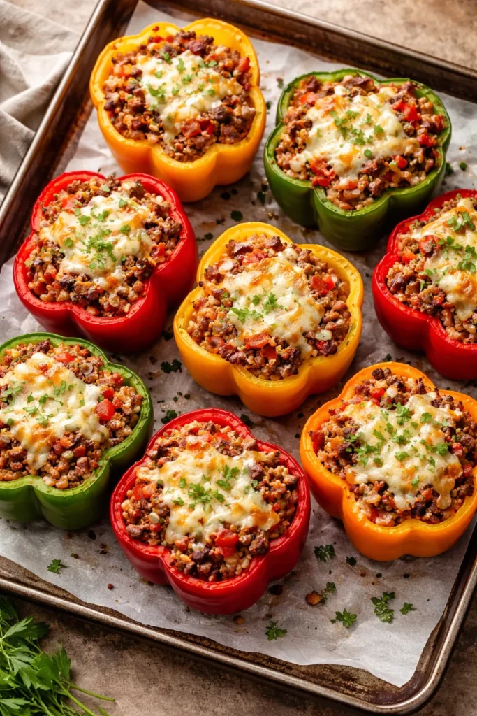 Colorful stuffed bell peppers filled with beef and rice on a baking sheet