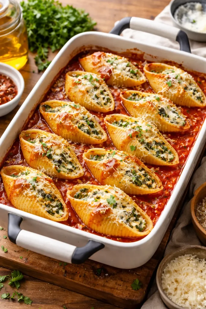 Close-up of stuffed shells in a marinara-covered baking dish ready to bake