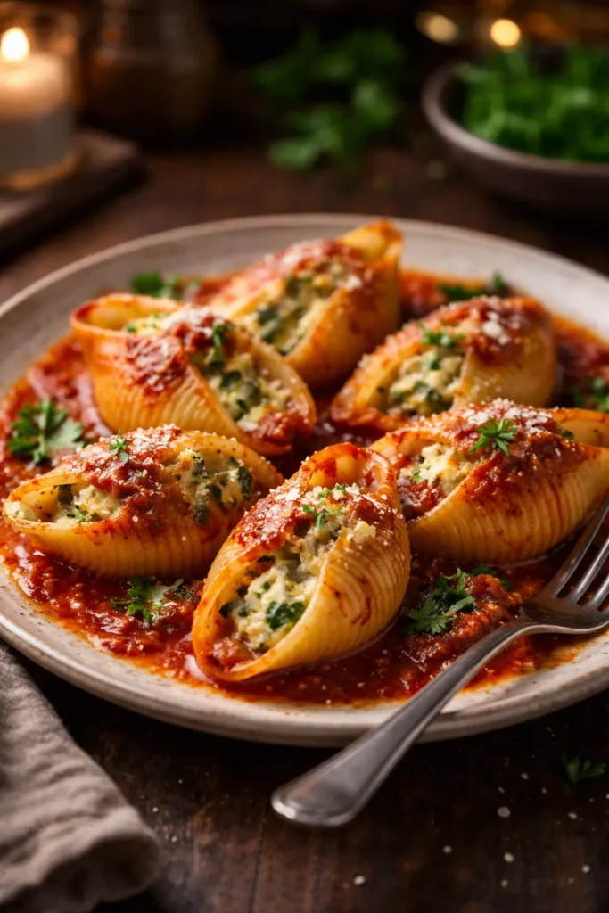 Plated stuffed shells with glossy sauce in warm mood