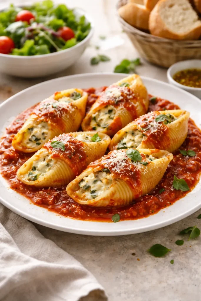 Plate of cooked stuffed shells in marinara on a white plate