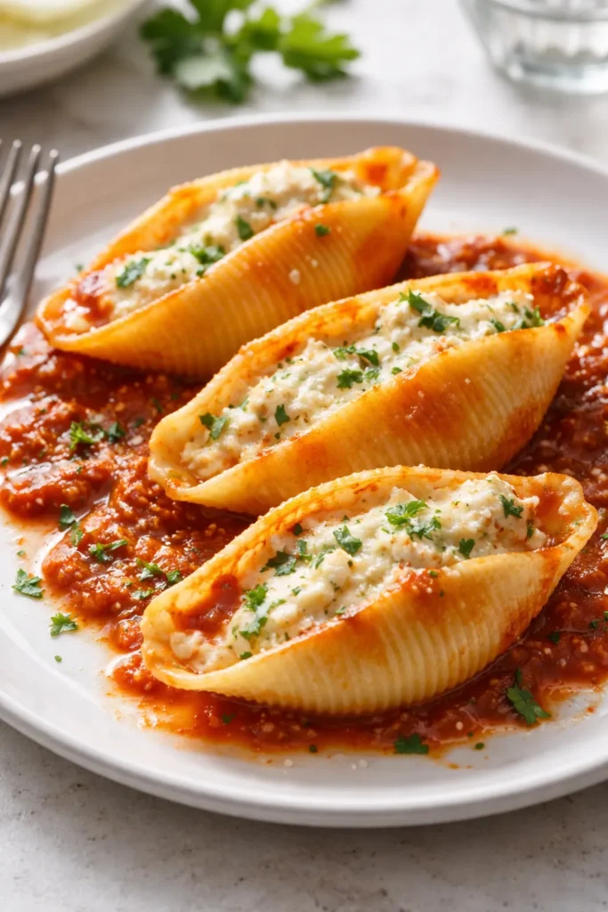 Close-up of jumbo stuffed shells with ricotta and mozzarella on a plate