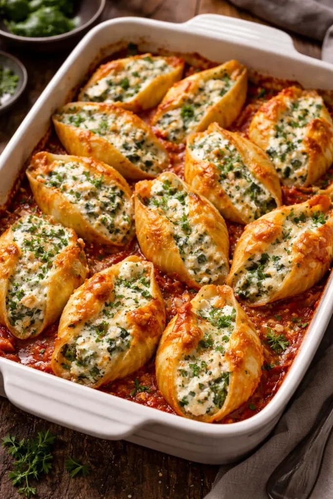 Close-up of jumbo stuffed shells with spinach and three cheeses in a baking dish